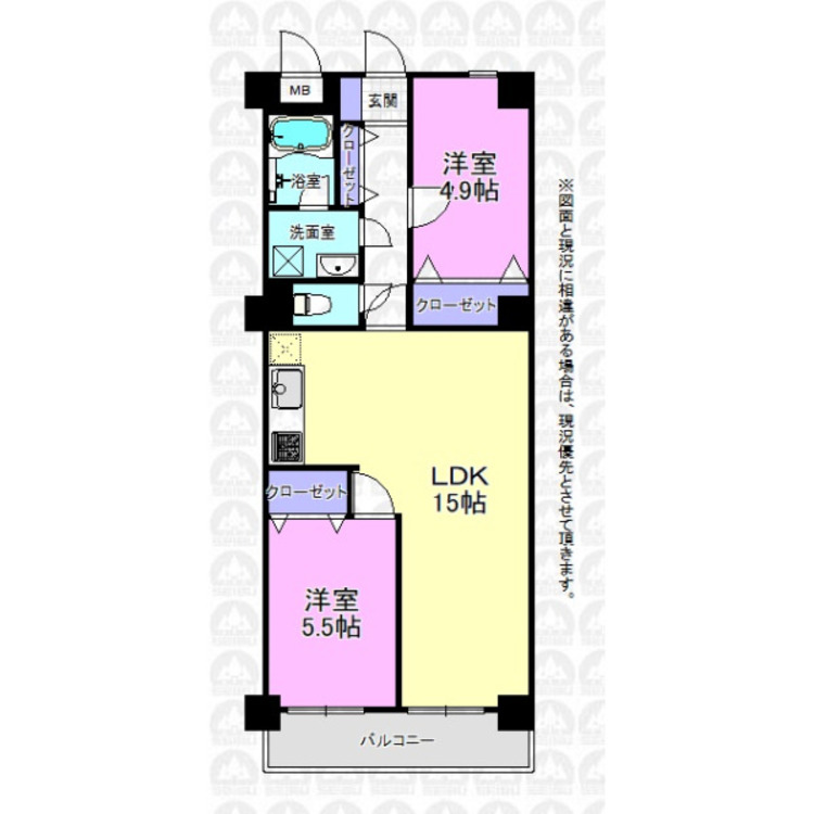 間取り 全室窓のある明るい2LDKの間取です。