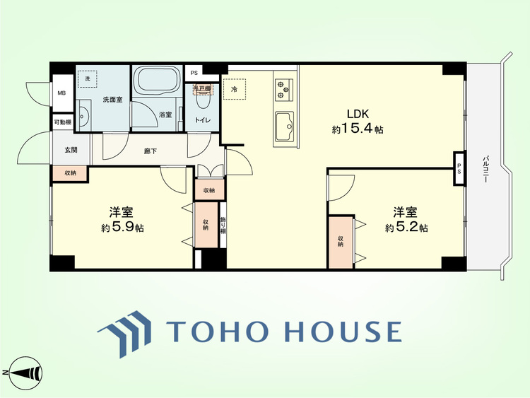 間取り 2LDK　専有面積58.32平米、バルコニー面積5.90平米