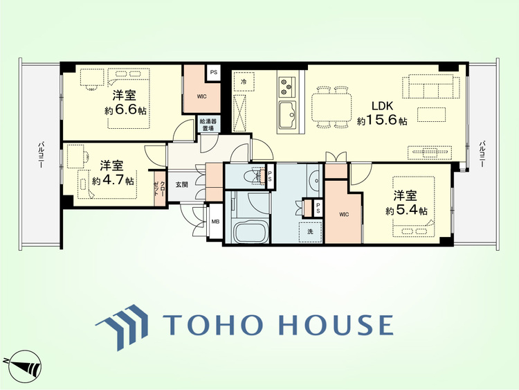 間取り 3LDK　専有面積77.13平米、バルコニー面積16.93平米