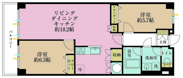 間取り ２ＬＤＫ、専有面積６６．８１平米、バルコニー面積７．８４平米