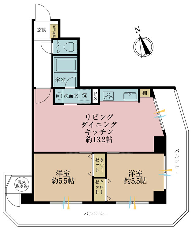 間取り ２ＬＤＫ、専有面積５２．０７平米、バルコニー面積１７．２０平米