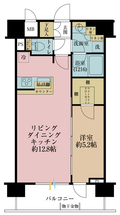 間取り １ＬＤＫ、専有面積４３．７平米、バルコニー面積７．６平米