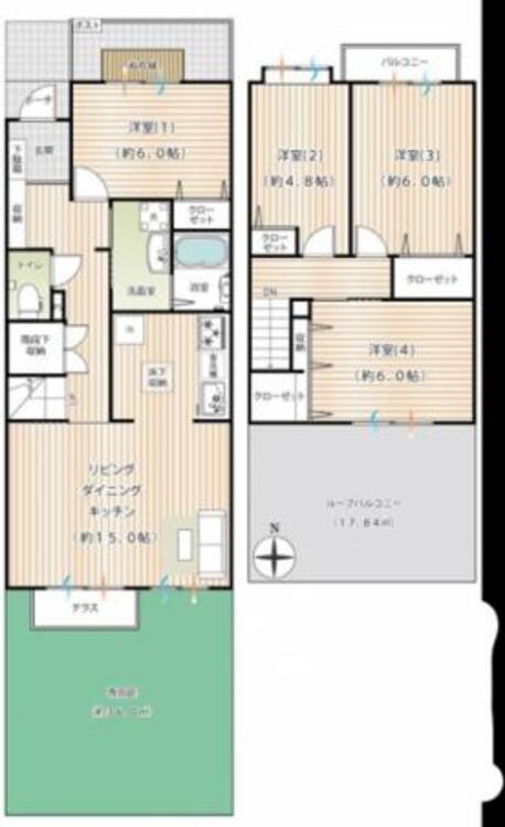 間取り 約36ｍ2の庭や約17.84ｍ2のルーフバルコニー付きのメゾネット住戸です