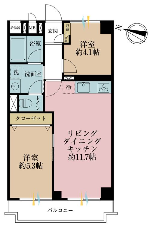 間取り 2LDK、専有面積48.60平米、バルコニー面積6.30平米