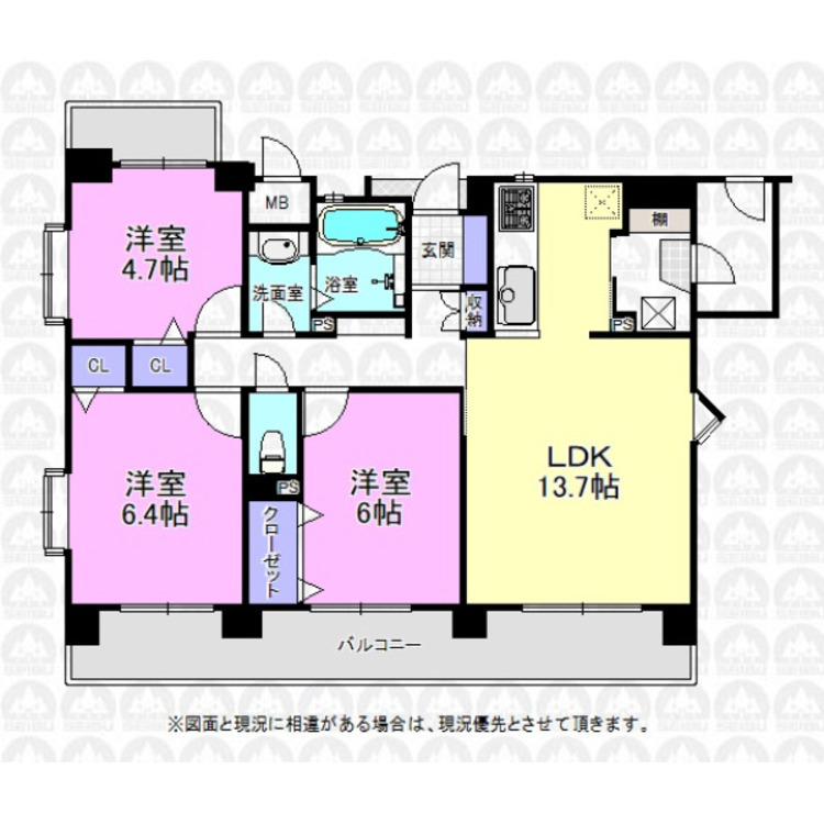 間取り 全室窓のある明るい3LDKの間取です。