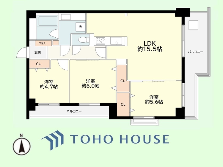 間取り 3LDK 専有面積70.88平米、バルコニー面積10.26平米