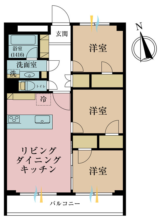 間取り ３ＬＤＫ、専有面積６４．９３平米、バルコニー面積１０．０２平米