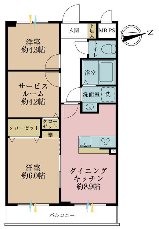 間取り ２ＳＬＤＫ、専有面積５３．５８平米、バルコニー面積５．７０平米