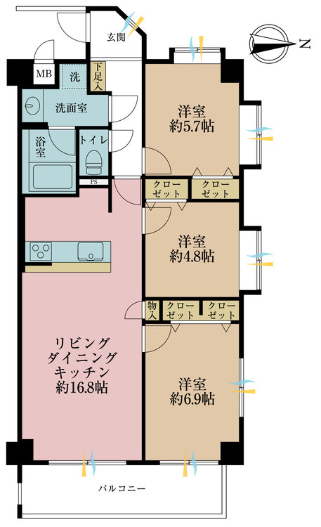 間取り ３ＬＤＫ、専有面積７３．８９平米、バルコニー面積８．７０平米