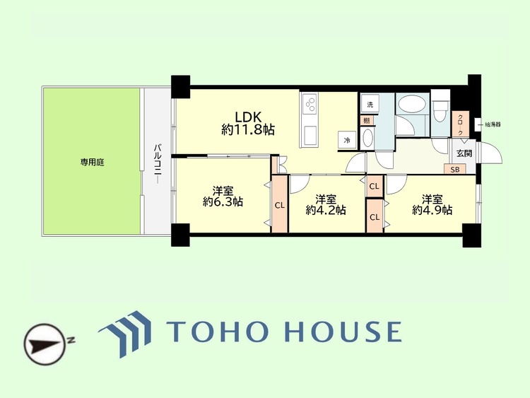 間取り 3LDK　専有面積64.40平米、バルコニー面積6.72平米、専用庭面積28.00平米