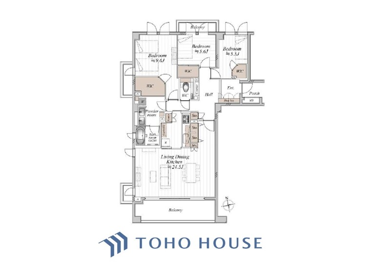 間取り 【Shining】◆輝く◆ドアを開けた先に広がる家族やすらぎのプライベート空間。広く開放されたWindow・Balconyから射しこむ眩いばかりの陽光が、リビング空間を鮮やかに映し出して