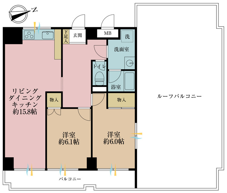 間取り ２ＬＤＫ、専有面積７３．６８平米、バルコニー面積９．１５平米
