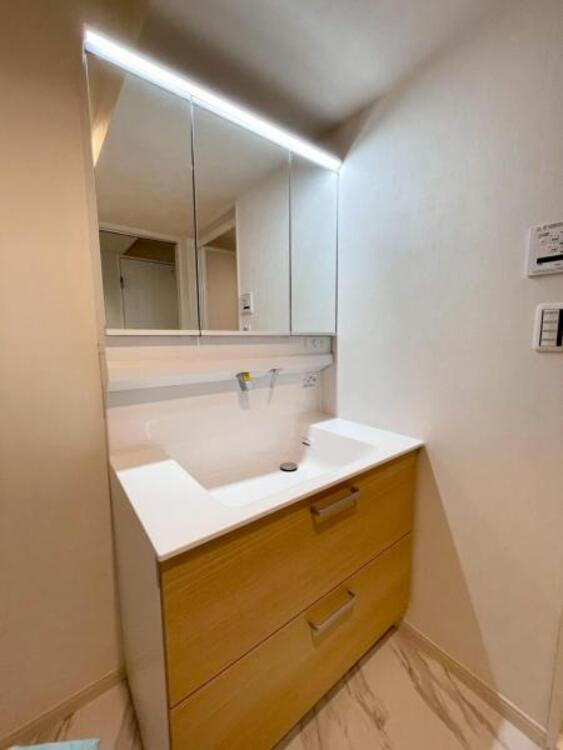 洗面 鏡面裏が収納となっており小物もすっきりと収納できる洗面台 