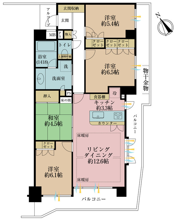 間取り ４ＬＤＫ、専有面積８６．０８平米、バルコニー面積２５．１２平米