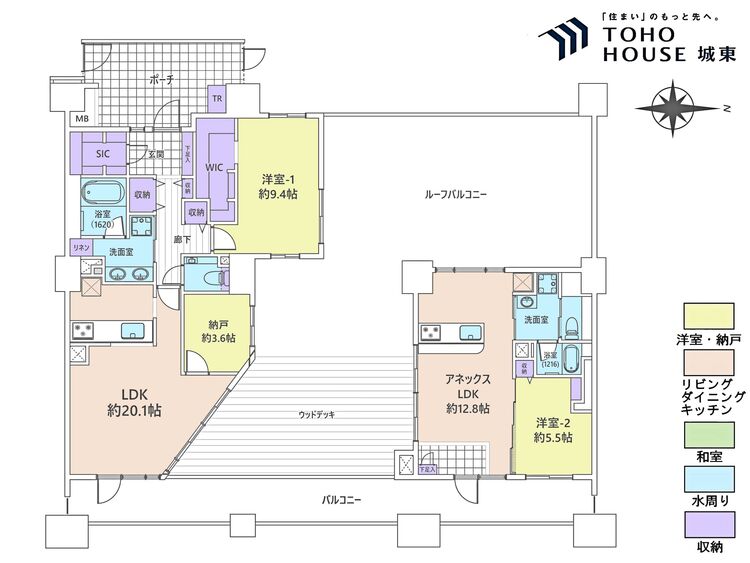 間取り ２ＳＬＤＫ、専有面積１２８．１９平米、ルーフバルコニー面積１３２．１３平米