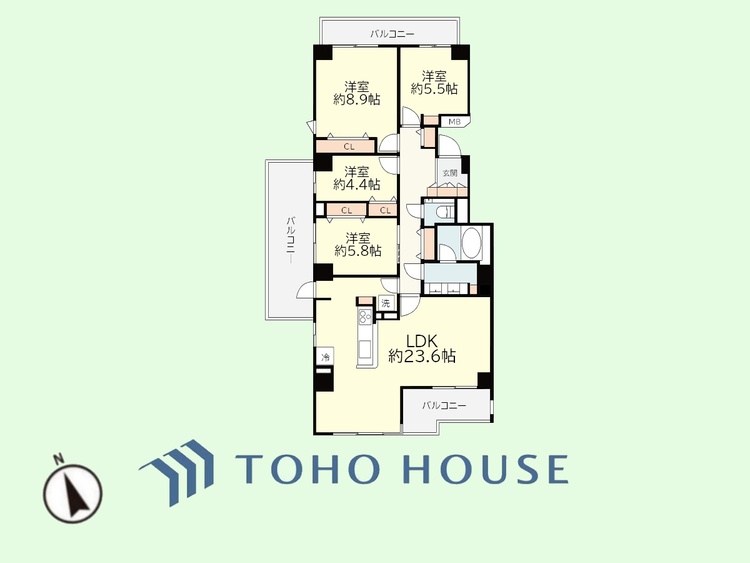 間取り 4LDK　専有面積105.39平米、バルコニー面積21.23平米