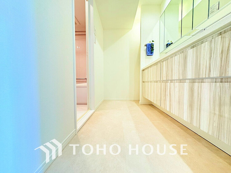 洗面 洗面台には三面鏡を採用。身だしなみを整えやすく収納量も良好です