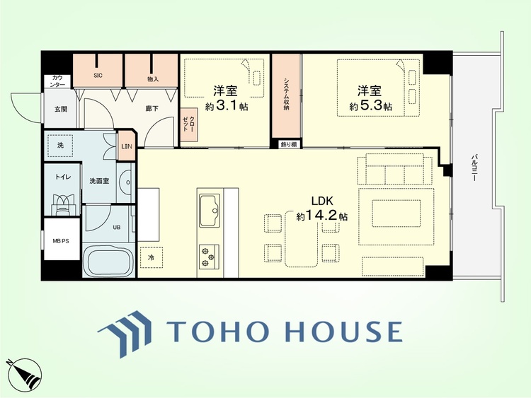間取り 2LDK+LIN　専有面積52.38平米、バルコニー面積5.98平米