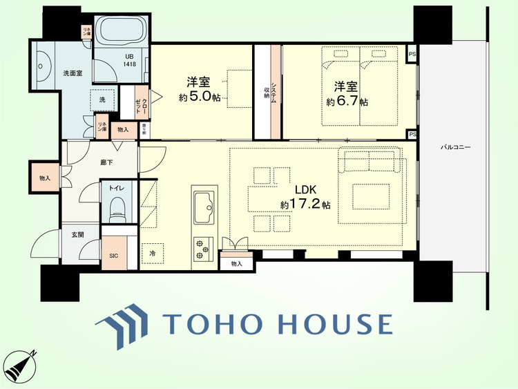 間取り 2LDK+LIN　専有面積68.41平米、バルコニー面積12.87平米