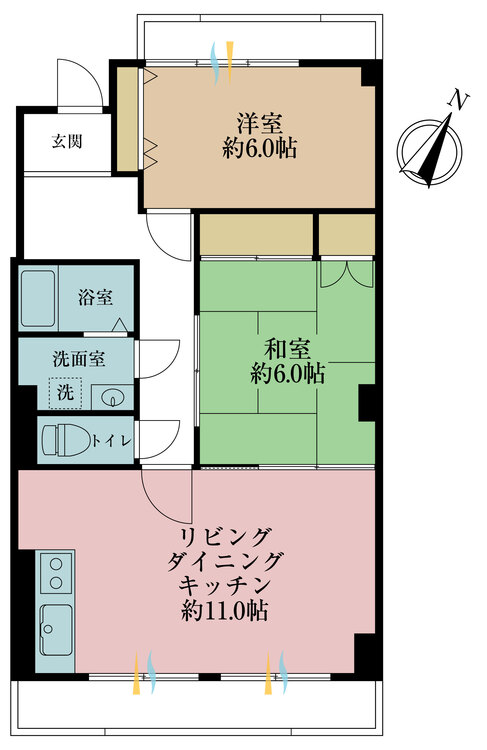 間取り ２ＬＤＫ、専有面積５５．１８平米、バルコニー面積８．４１平米
