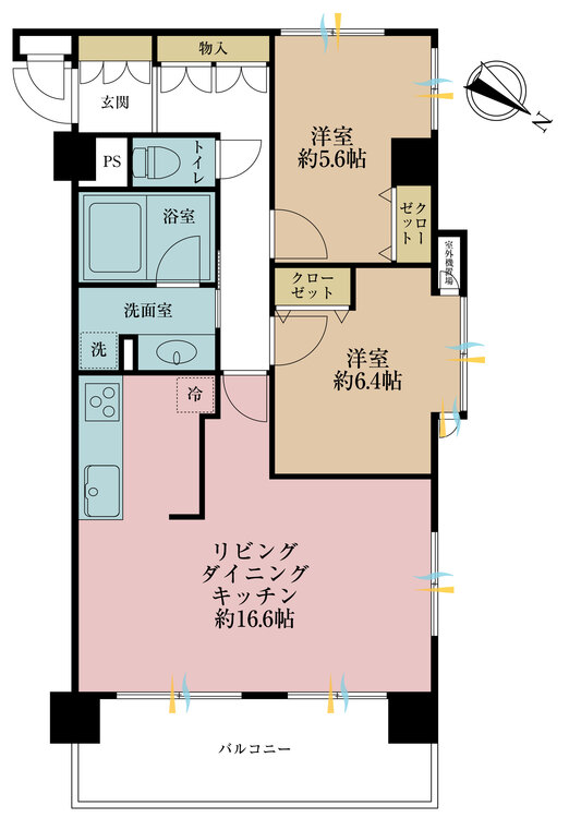 間取り ２ＬＤＫ、専有面積６６．４５平米、バルコニー面積１０．７平米