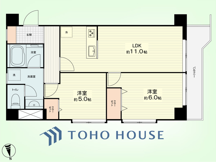 間取り 2LDK　専有面積54.54平米、バルコニー面積5.95平米
