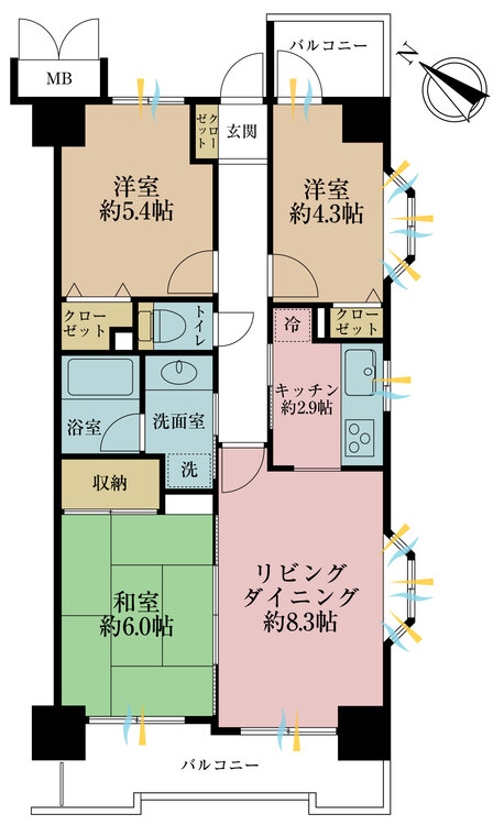間取り 3LDK、専有面積60.34平米、バルコニー面積10.07平米
