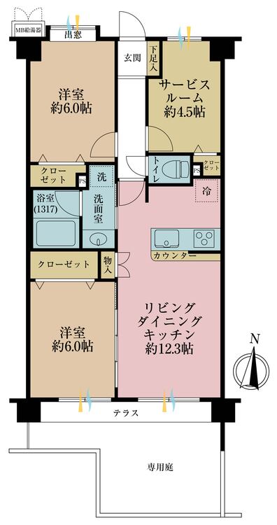 間取り ２ＳＬＤＫ、専有面積６２．６４平米、バルコニー面積８．７平米