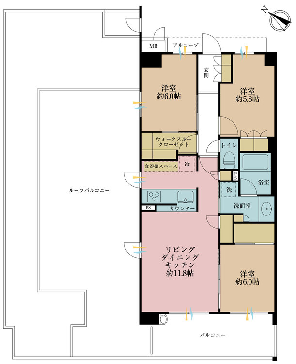 間取り ３ＬＤＫ、専有面積７２．５７平米、ルーフバルコニー面積４４．３６平米