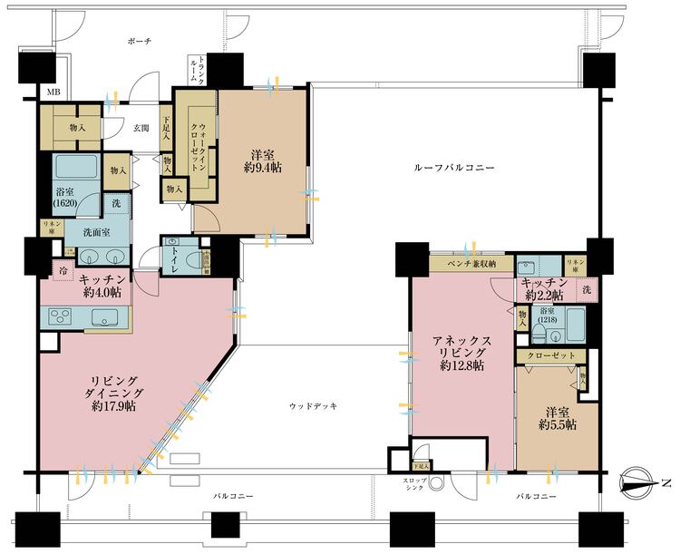 間取り 2LDK、専有面積128.19平米、ルーフバルコニー面積132.13平米