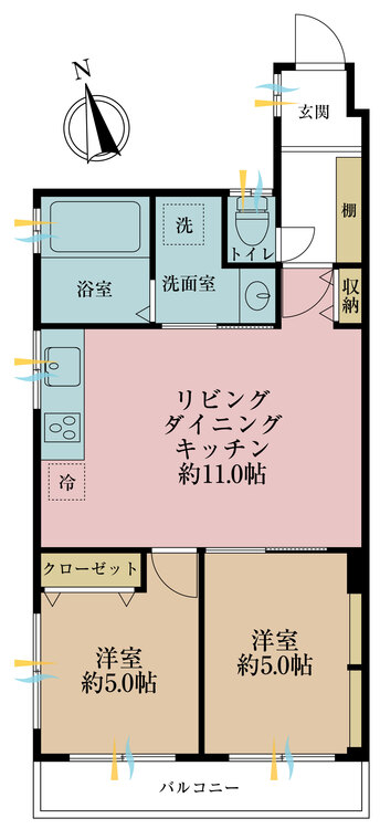 間取り ２ＬＤＫ、専有面積４８．２９平米、バルコニー面積４．５平米