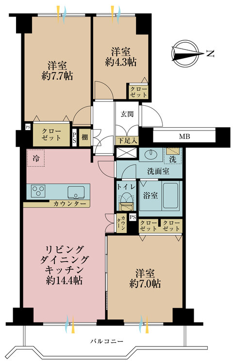 間取り ３ＬＤＫ、専有面積７３．５８平米、バルコニー面積８．７１平米
