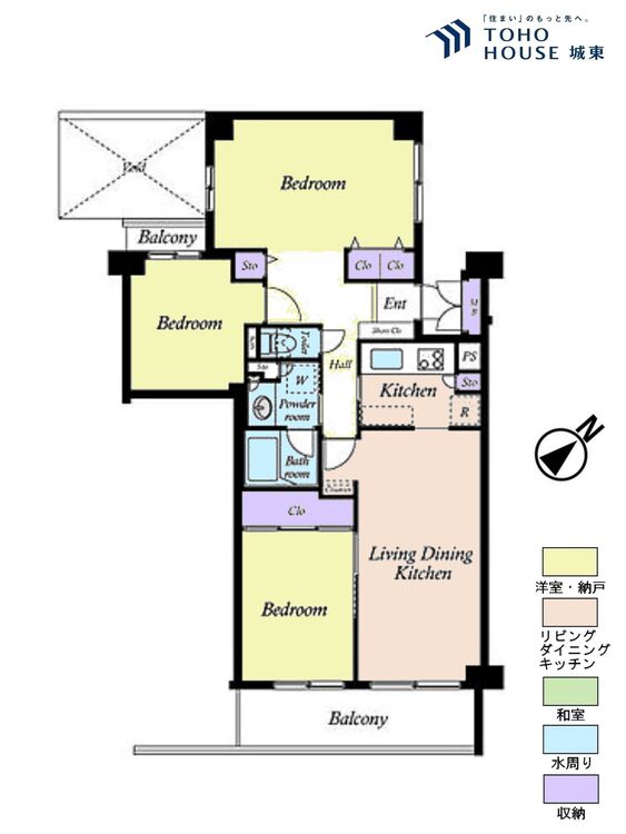 間取り ３ＬＤＫ、専有面積７６．５９平米、バルコニー面積９．８２平米