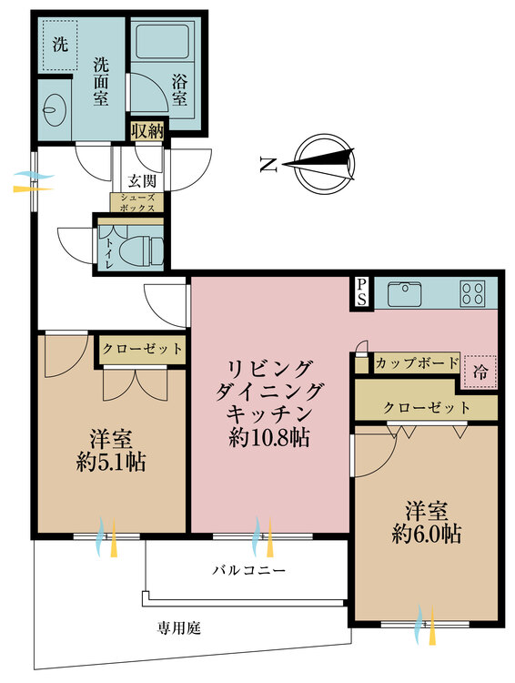 間取り ２ＬＤＫ、専有面積５４．６７平米、バルコニー面積３．９６平米