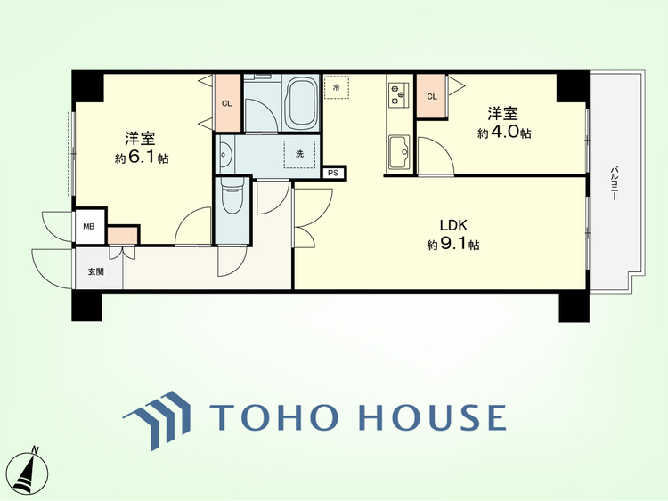 間取り 2LDK　専有面積50.00平米、バルコニー面積6.91平米