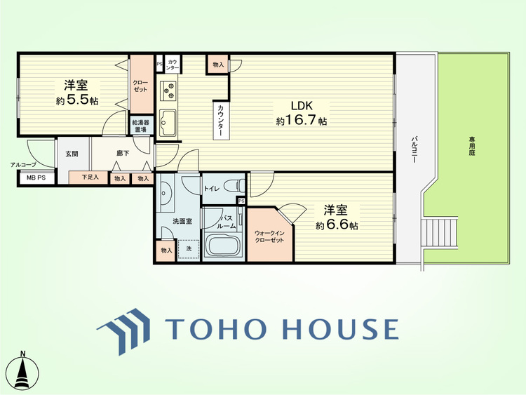 間取り 2LDK　専有面積62.57平米、バルコニー面積7.71平米、専用庭面積22平米