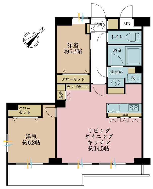 間取り ２ＬＤＫ、専有面積６８．５０平米、バルコニー面積調査中