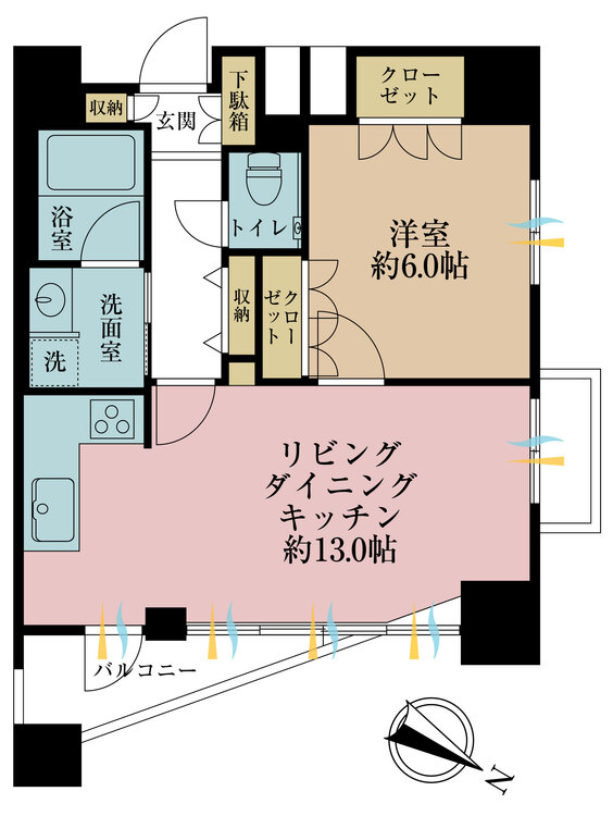 間取り １ＬＤＫ、専有面積４７．７４平米、バルコニー面積４．３５平米
