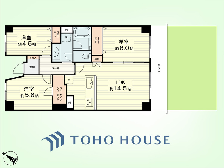間取り 3LDK　専有面積68.83平米、テラス面積9.52平米、専用庭面積41.27平米
