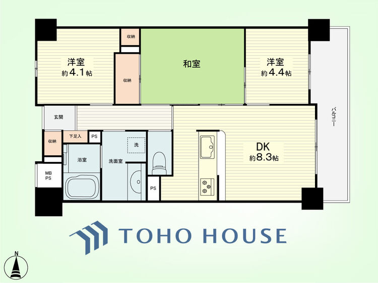 間取り 3DK　専有面積56.85平米、バルコニー面積7.33平米