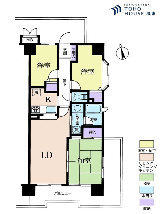 間取り ３ＬＤＫ、専有面積５７．１４平米、バルコニー面積確認中