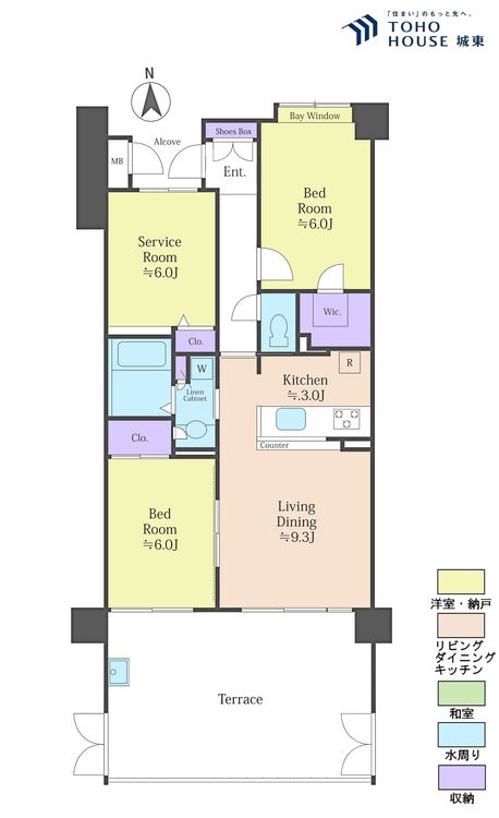 間取り ２ＳＬＤＫ、専有面積６３．６５平米、テラス面積２１．３５平米
