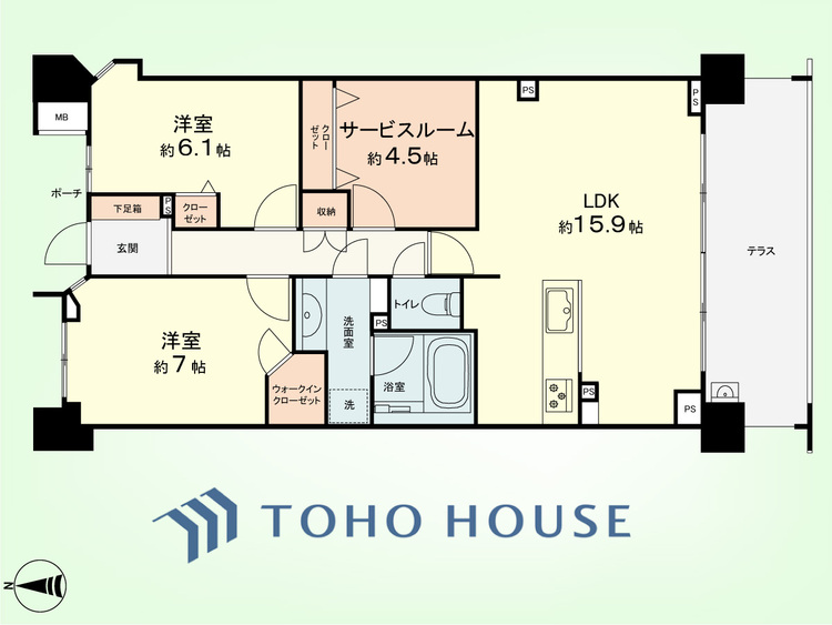 間取り 2SLDK　専有面積77.13平米、バルコニー面積12.80平米