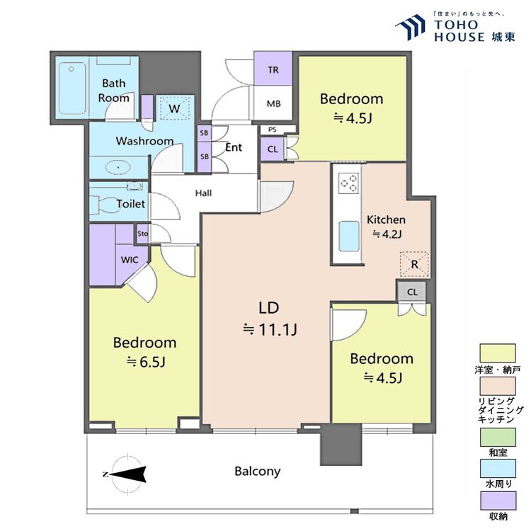 間取り ３ＬＤＫ、専有面積６９．９６平米、バルコニー面積１５．６５平米
