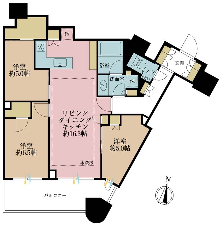 間取り ３ＬＤＫ、専有面積７６．９０平米、バルコニー面積１１．７６平米