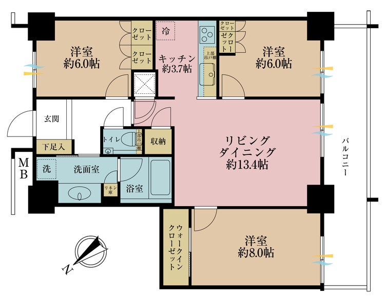 間取り ３ＬＤＫ、専有面積８３．８３平米、バルコニー面積１５．３０平米