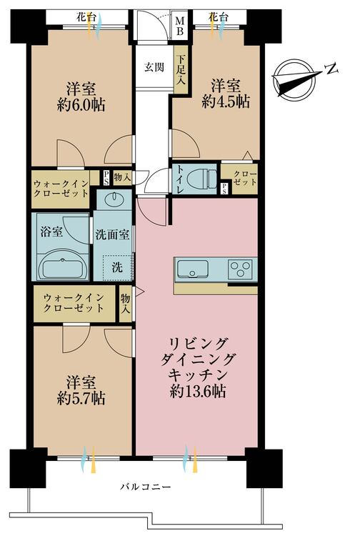 間取り 3LDK、専有面積65.73平米、バルコニー面積9.48平米