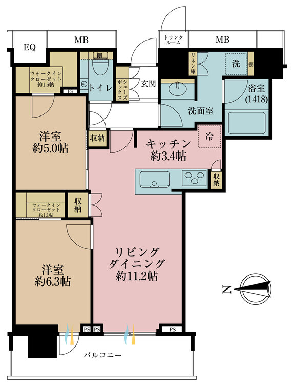 間取り ２ＬＤＫ、専有面積６５．５２平米、バルコニー面積９．８７平米