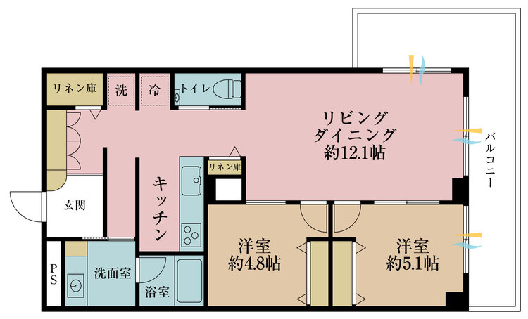 間取り ２ＬＤＫ、専有面積７２．０７平米、バルコニー面積確認中