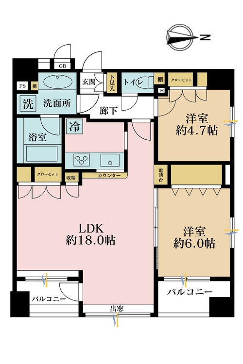 その他 2LDK、専有面積65.52m2、バルコニー面積6.61m2